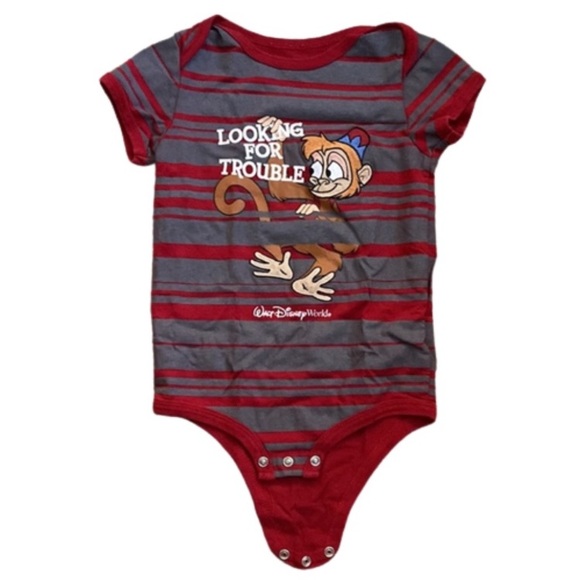 Disney Red Gray Aladdin Bodysuit Cartoon Graphic one piece short sleeved monkey - Picture 1 of 3